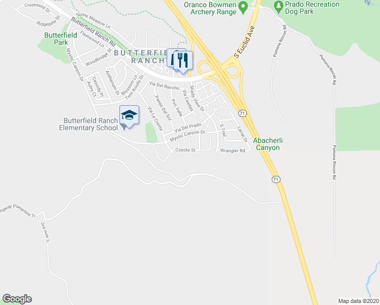 map of restaurants, bars, coffee shops, grocery stores, and more near 18052 Prairie Street in Chino Hills