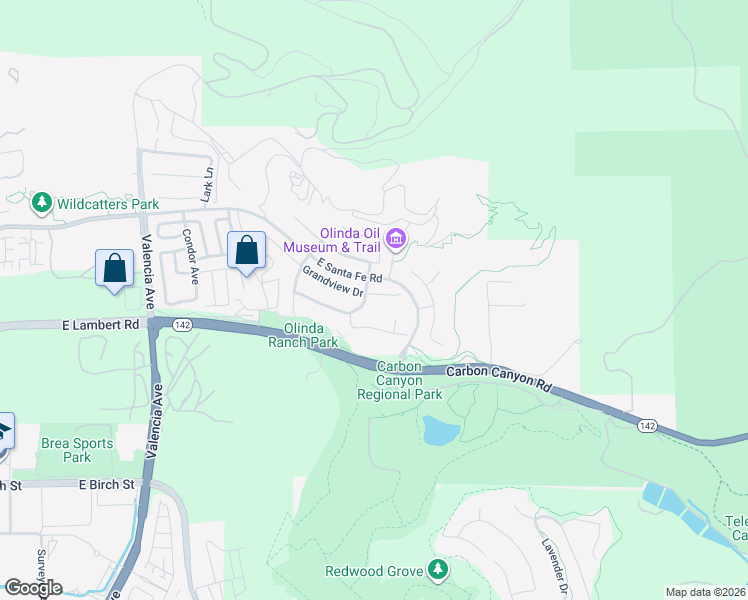 map of restaurants, bars, coffee shops, grocery stores, and more near 3995 Grandview Drive in Brea