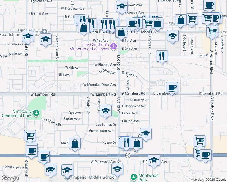 map of restaurants, bars, coffee shops, grocery stores, and more near 601 South Euclid Street in La Habra