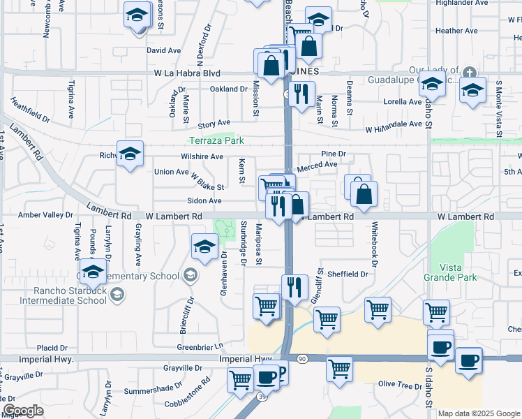 map of restaurants, bars, coffee shops, grocery stores, and more near 2101 Sidon Avenue in La Habra