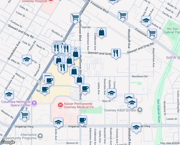 map of restaurants, bars, coffee shops, grocery stores, and more near 7258 Elm Vista Drive in Downey