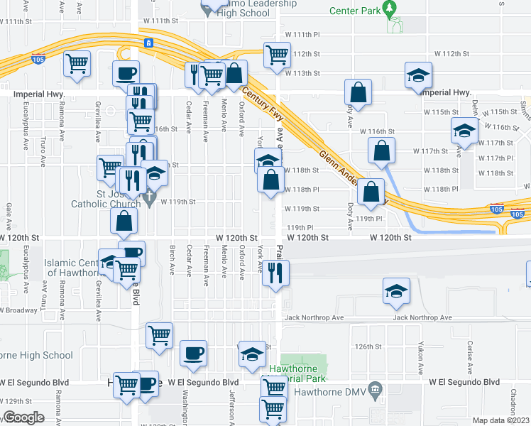 map of restaurants, bars, coffee shops, grocery stores, and more near 11893 Prairie Avenue in Hawthorne
