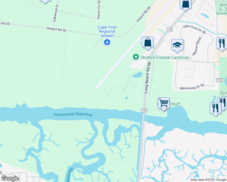 map of restaurants, bars, coffee shops, grocery stores, and more near 3100 Marsh Grove Lane in Southport