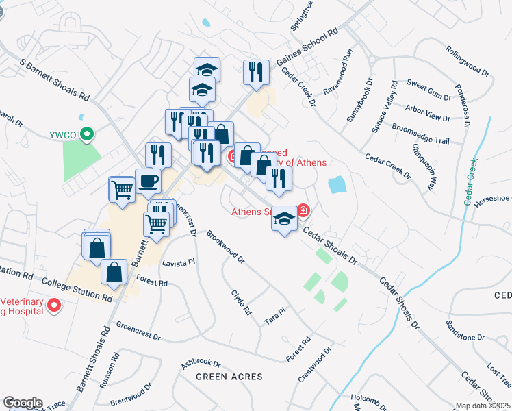 map of restaurants, bars, coffee shops, grocery stores, and more near 268 Scandia Circle in Athens