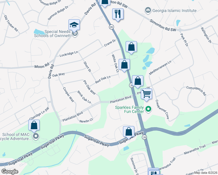 map of restaurants, bars, coffee shops, grocery stores, and more near 947 Live Oak Court in Lawrenceville