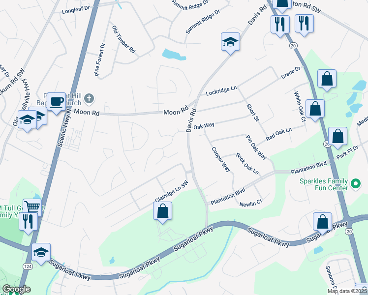 map of restaurants, bars, coffee shops, grocery stores, and more near 627 New England Way in Lawrenceville