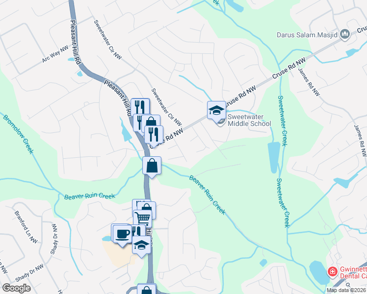 map of restaurants, bars, coffee shops, grocery stores, and more near 884 Cainbridge Drive in Lawrenceville