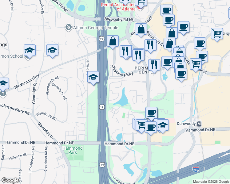 map of restaurants, bars, coffee shops, grocery stores, and more near 30 Waterford Court Northeast in Atlanta