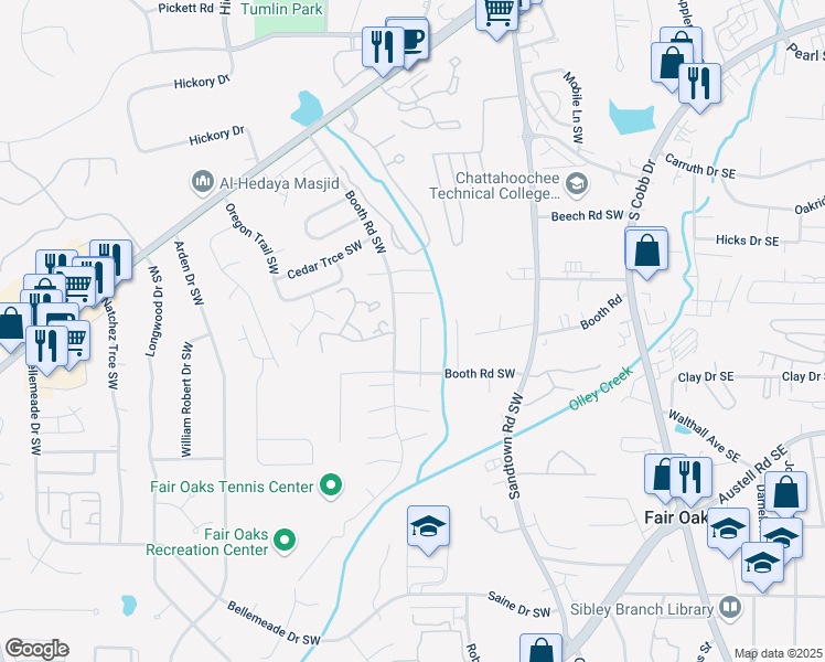 map of restaurants, bars, coffee shops, grocery stores, and more near 1172 Jill Lane Southwest in Marietta