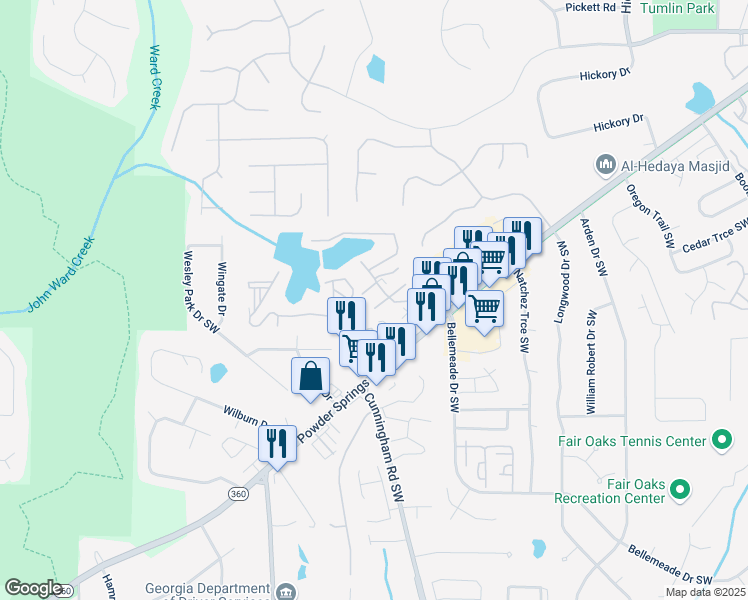 map of restaurants, bars, coffee shops, grocery stores, and more near 845 Lake Hollow Boulevard Southwest in Marietta