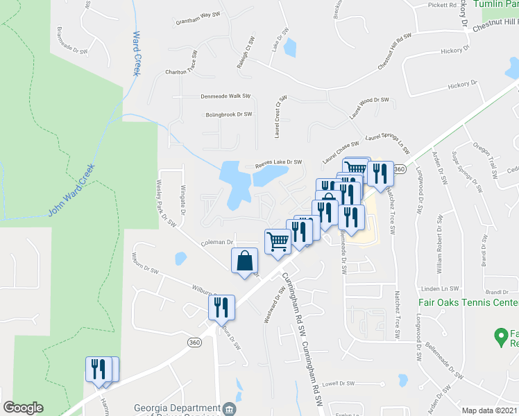 map of restaurants, bars, coffee shops, grocery stores, and more near 883 Lake Hollow Boulevard Southwest in Marietta