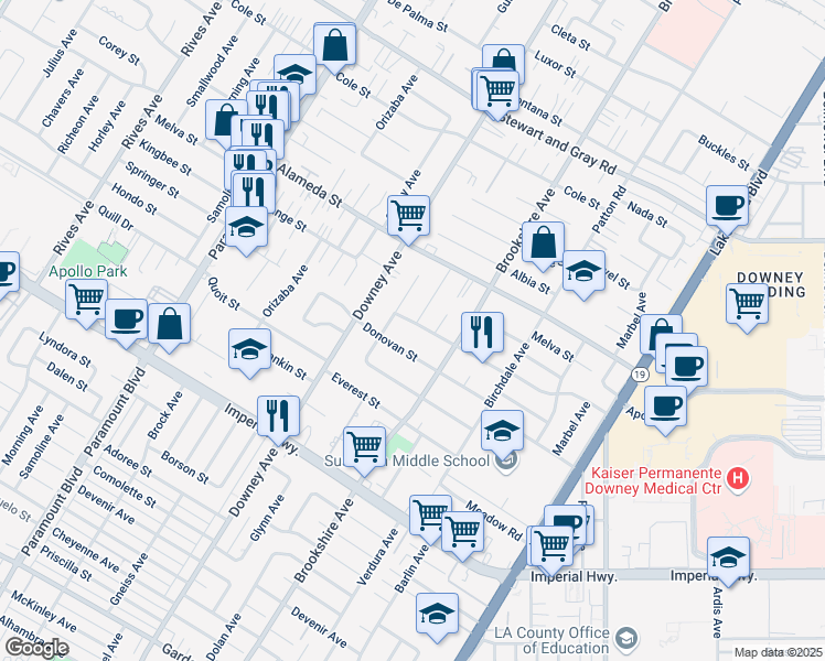 map of restaurants, bars, coffee shops, grocery stores, and more near 8426 Orange Street in Downey