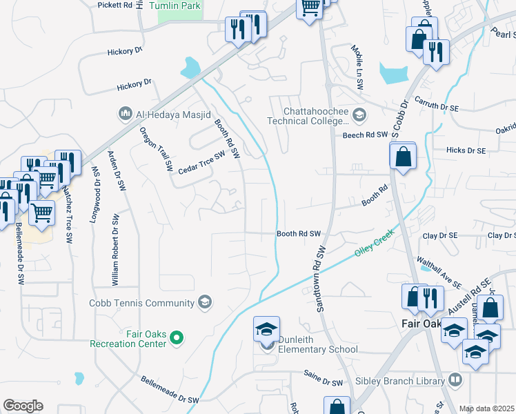 map of restaurants, bars, coffee shops, grocery stores, and more near 1172 Jill Lane Southwest in Marietta