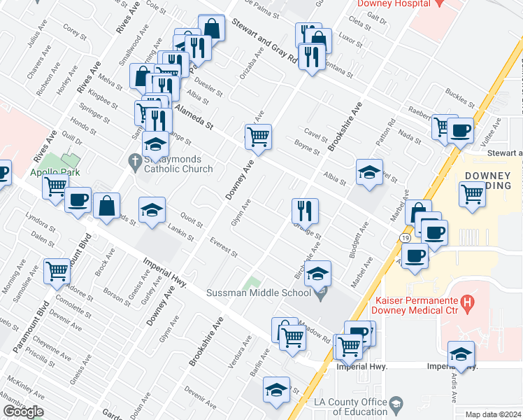 map of restaurants, bars, coffee shops, grocery stores, and more near 8426 Orange Street in Downey