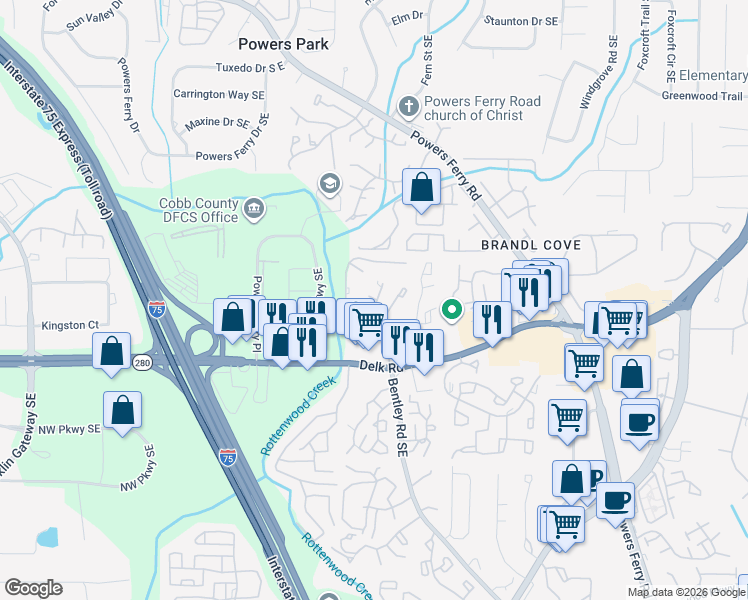 map of restaurants, bars, coffee shops, grocery stores, and more near 2575 Delk Road Southeast in Marietta