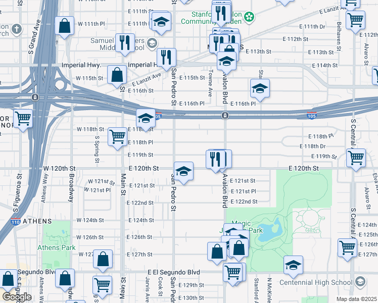map of restaurants, bars, coffee shops, grocery stores, and more near 331 East 119th Street in Los Angeles