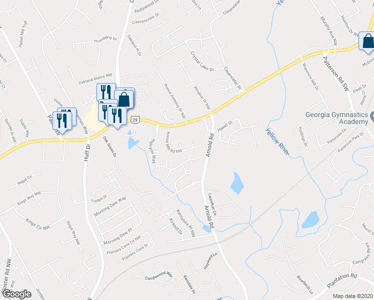 map of restaurants, bars, coffee shops, grocery stores, and more near Arnold Mill Road Northwest in Lawrenceville