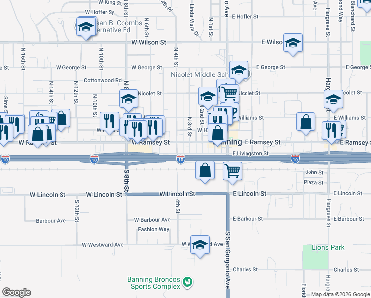 map of restaurants, bars, coffee shops, grocery stores, and more near 311 West Ramsey Street in Banning