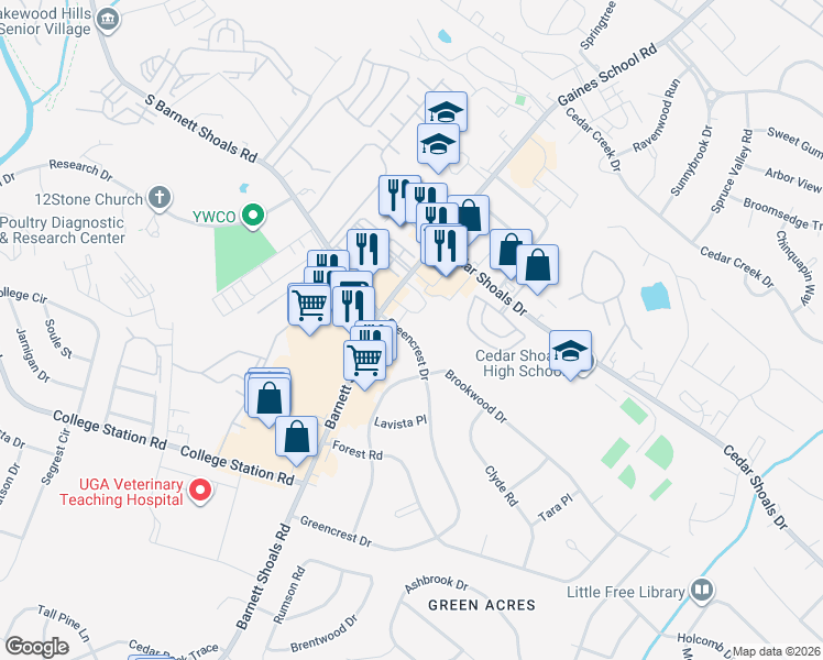 map of restaurants, bars, coffee shops, grocery stores, and more near 575 Greencrest Drive in Athens