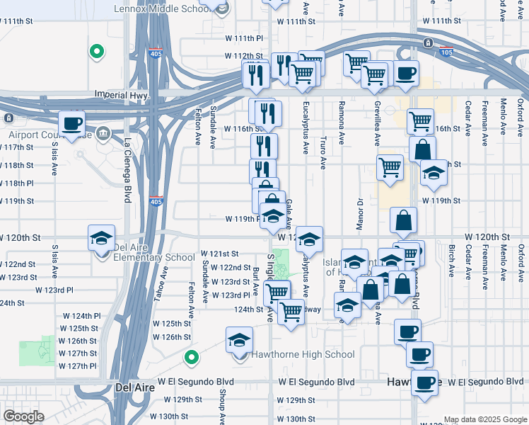 map of restaurants, bars, coffee shops, grocery stores, and more near 11915 South Inglewood Avenue in Hawthorne