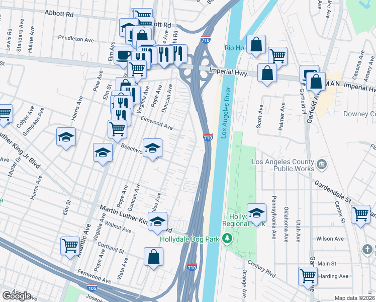 map of restaurants, bars, coffee shops, grocery stores, and more near 11115 Wright Road in Lynwood