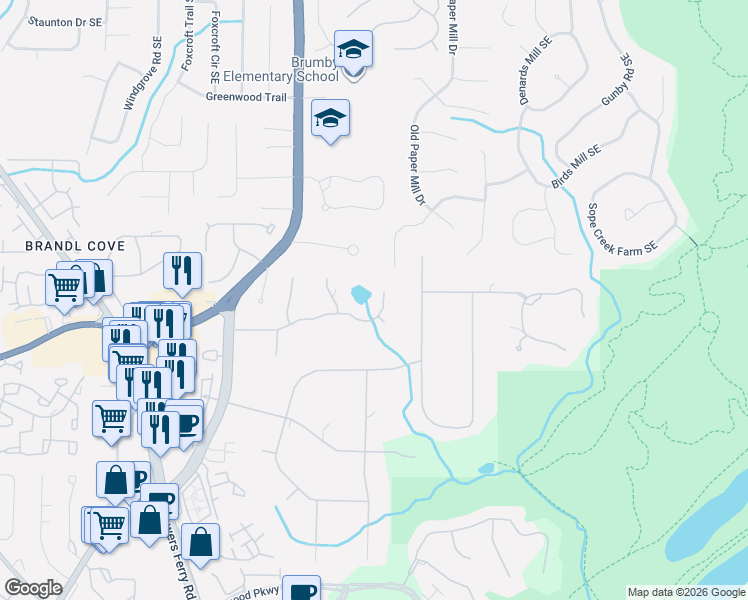 map of restaurants, bars, coffee shops, grocery stores, and more near 3211 Lakeridge Drive Southeast in Marietta