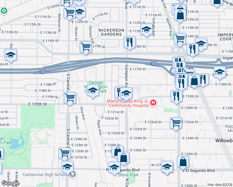 map of restaurants, bars, coffee shops, grocery stores, and more near 11847 Alabama Street in Los Angeles
