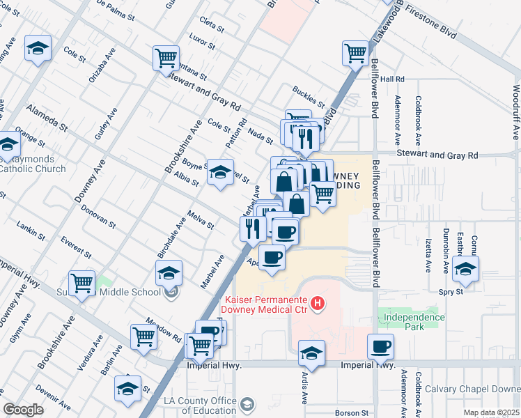 map of restaurants, bars, coffee shops, grocery stores, and more near 12102 Marbel Avenue in Downey