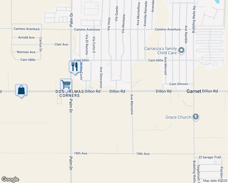 map of restaurants, bars, coffee shops, grocery stores, and more near Dillon Road in Riverside County