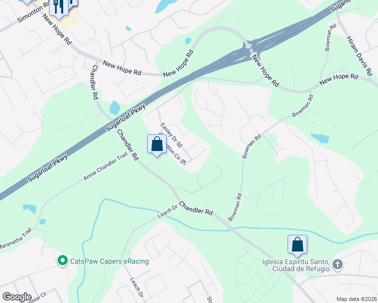map of restaurants, bars, coffee shops, grocery stores, and more near Easley Court Southeast in Lawrenceville