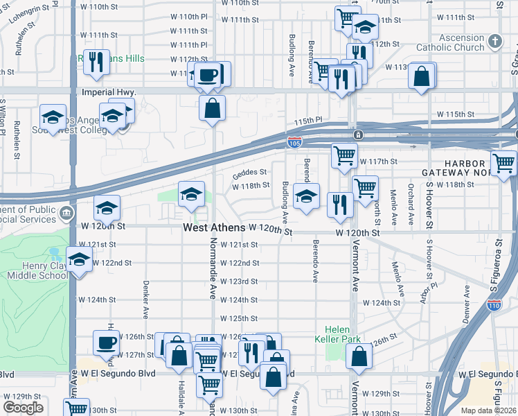 map of restaurants, bars, coffee shops, grocery stores, and more near 1251 West 119th Street in Los Angeles