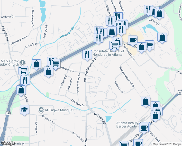 map of restaurants, bars, coffee shops, grocery stores, and more near 4462 Aspen Woods Court in Doraville