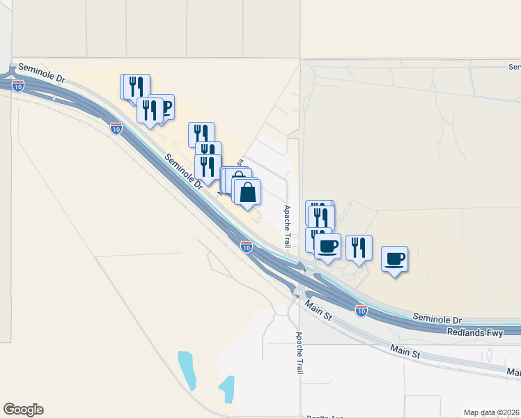 map of restaurants, bars, coffee shops, grocery stores, and more near 48850 Mojave Drive in Cabazon