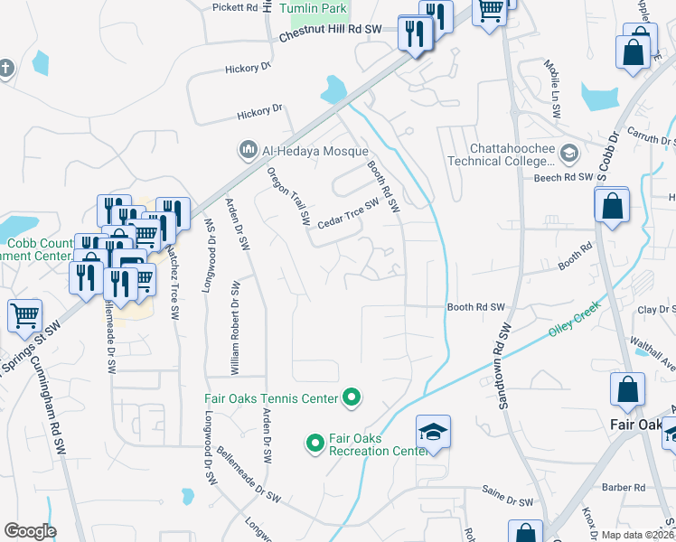 map of restaurants, bars, coffee shops, grocery stores, and more near 1142 Cayman Lane Southwest in Marietta