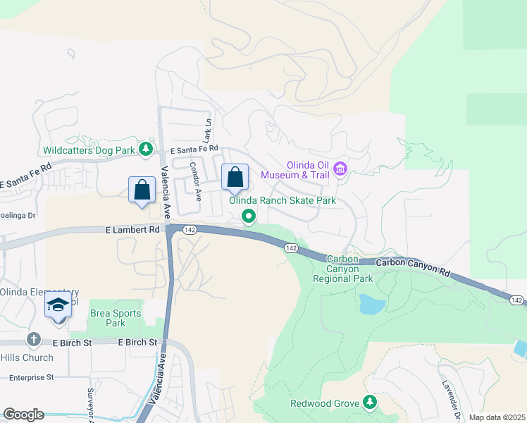 map of restaurants, bars, coffee shops, grocery stores, and more near 431 Valley Crossing Road in Brea