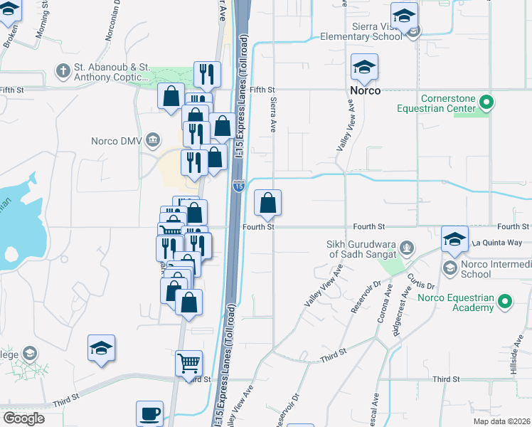 map of restaurants, bars, coffee shops, grocery stores, and more near 2948 Sierra Avenue in Norco