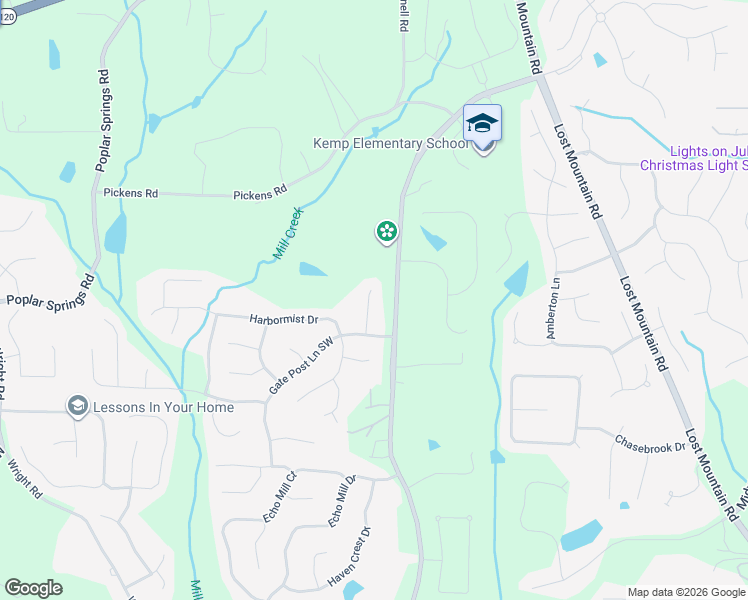 map of restaurants, bars, coffee shops, grocery stores, and more near 1127 Gate Post Court in Powder Springs