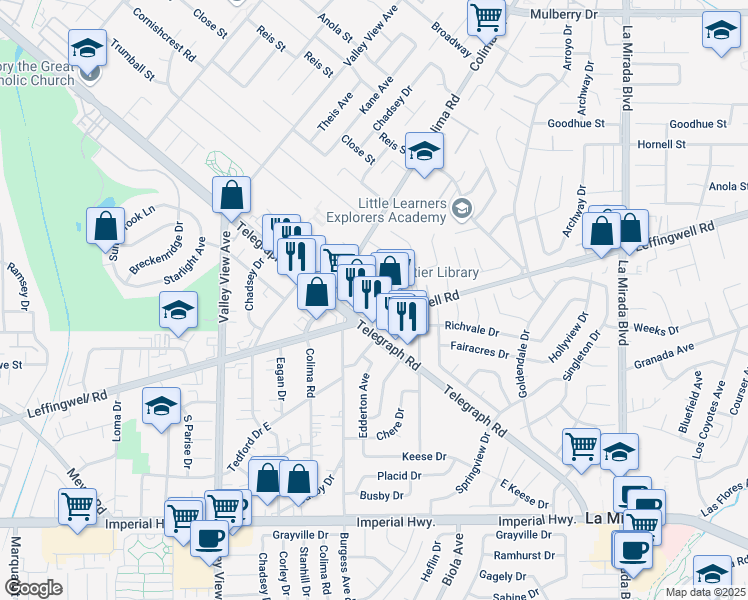 map of restaurants, bars, coffee shops, grocery stores, and more near 14515 Leffingwell Road in Whittier