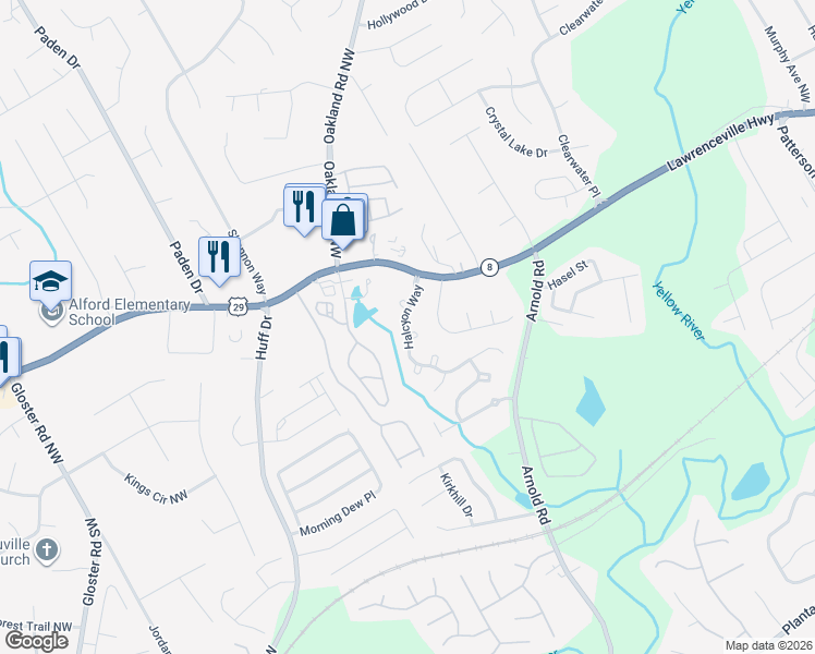 map of restaurants, bars, coffee shops, grocery stores, and more near 2343 Whitman Place Northwest in Lawrenceville