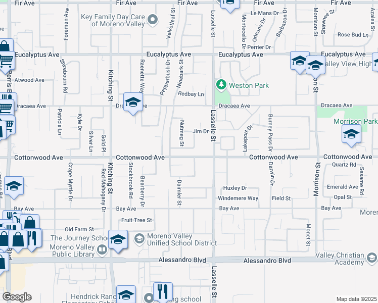map of restaurants, bars, coffee shops, grocery stores, and more near 25835 Anise Street in Moreno Valley