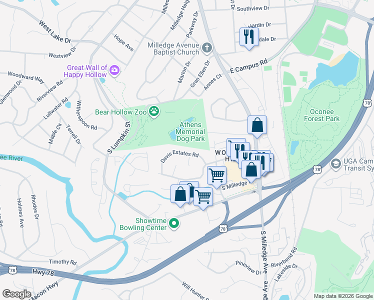 map of restaurants, bars, coffee shops, grocery stores, and more near 246 Davis Estates Road in Athens