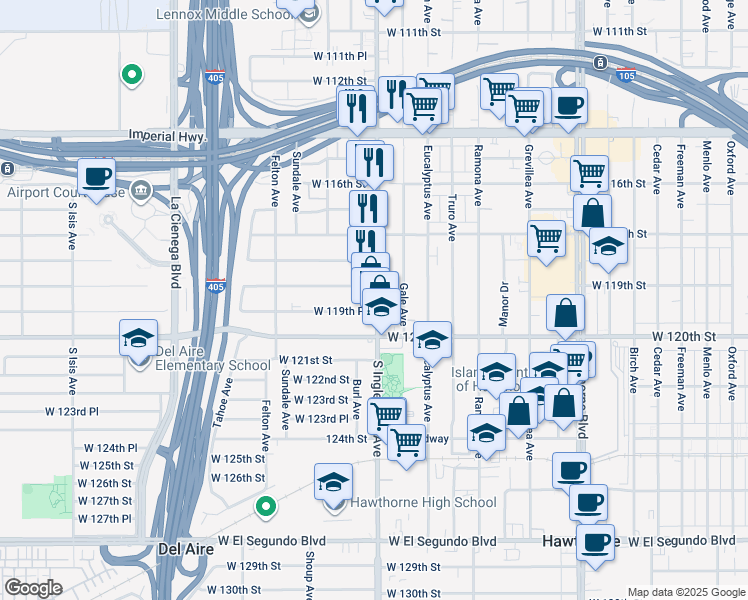 map of restaurants, bars, coffee shops, grocery stores, and more near 11915 South Inglewood Avenue in Hawthorne
