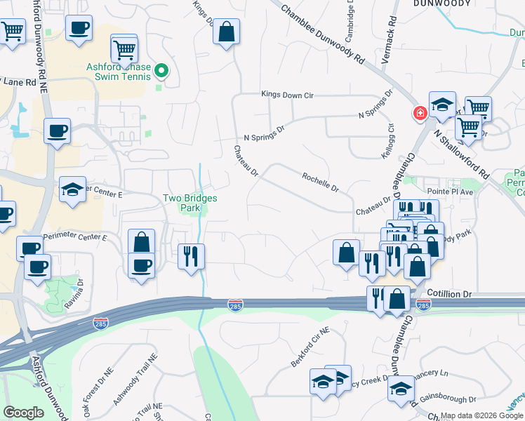 map of restaurants, bars, coffee shops, grocery stores, and more near 1570 Rochelle Court in Dunwoody