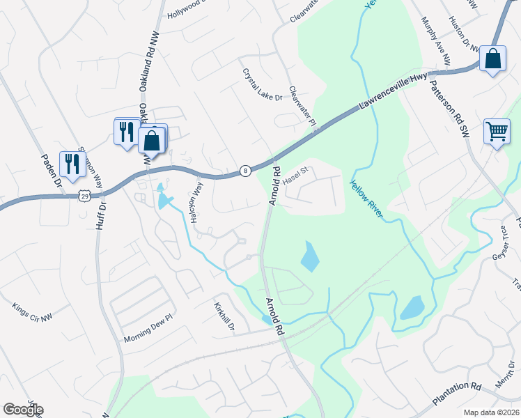 map of restaurants, bars, coffee shops, grocery stores, and more near 2220 Arnold Mill Road Northwest in Lawrenceville