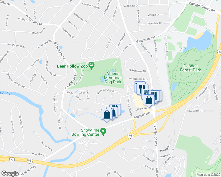 map of restaurants, bars, coffee shops, grocery stores, and more near 246 Davis Estates Road in Athens
