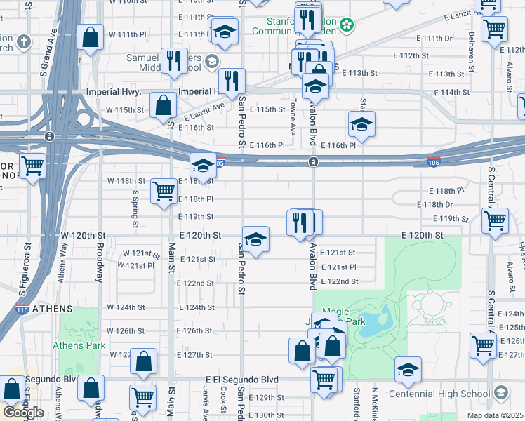 map of restaurants, bars, coffee shops, grocery stores, and more near 331 East 119th Street in Los Angeles