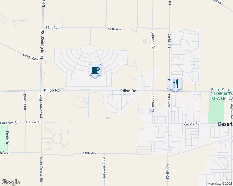 map of restaurants, bars, coffee shops, grocery stores, and more near 69525 Dillon Road in Desert Hot Springs