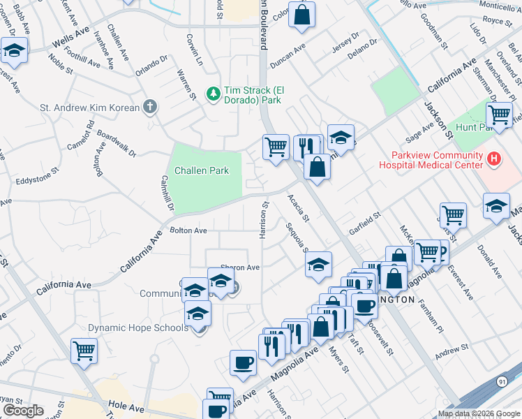 map of restaurants, bars, coffee shops, grocery stores, and more near 4264 Harrison Street in Riverside
