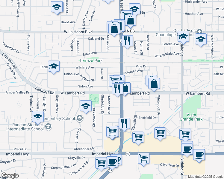 map of restaurants, bars, coffee shops, grocery stores, and more near 2101 Sidon Avenue in La Habra