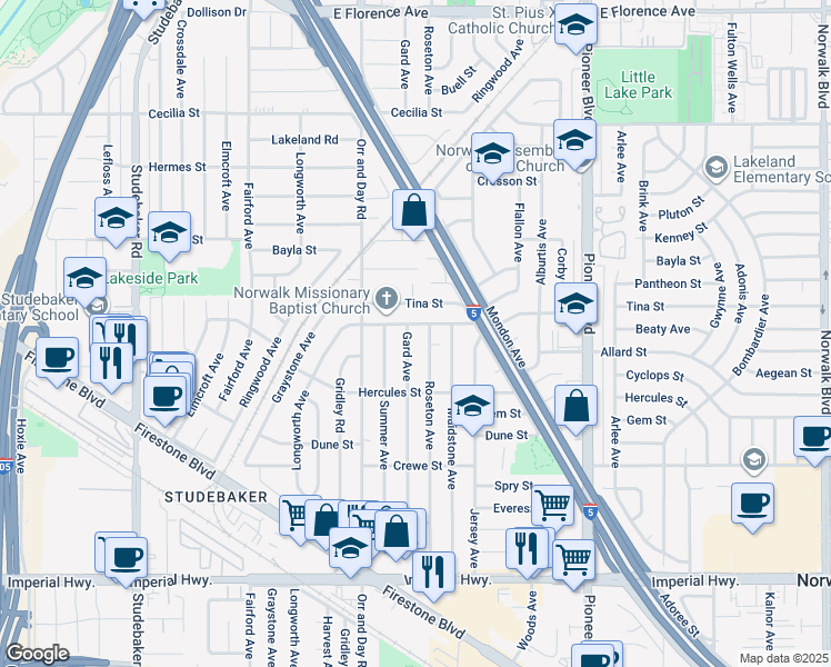 map of restaurants, bars, coffee shops, grocery stores, and more near 11447 Beaty Avenue in Norwalk